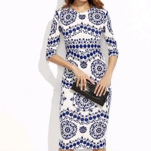 SHEIN Porcelain style dress, 3/4 sleeves, blue/white, size Large